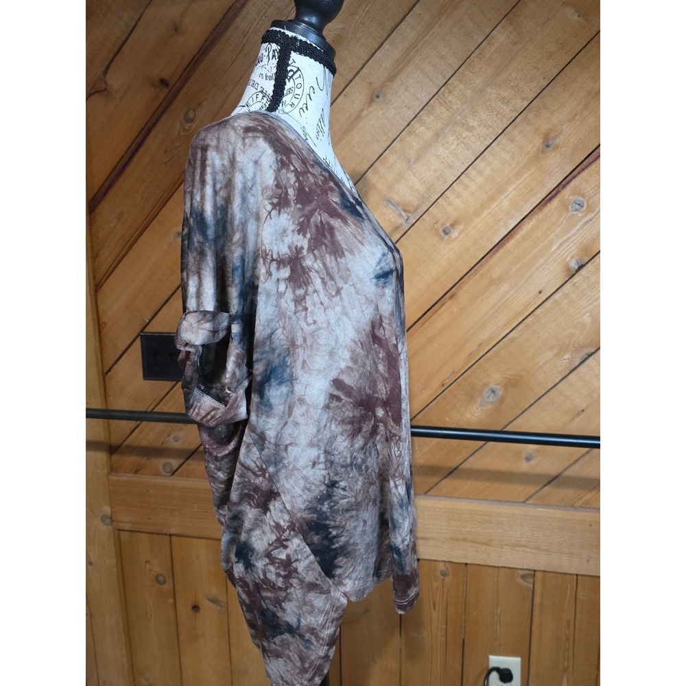 Coin 1804 Women 2X Tie Dye V-Neck Short Sleeve Oversized Top Brown Black NWT - Picture 2 of 4